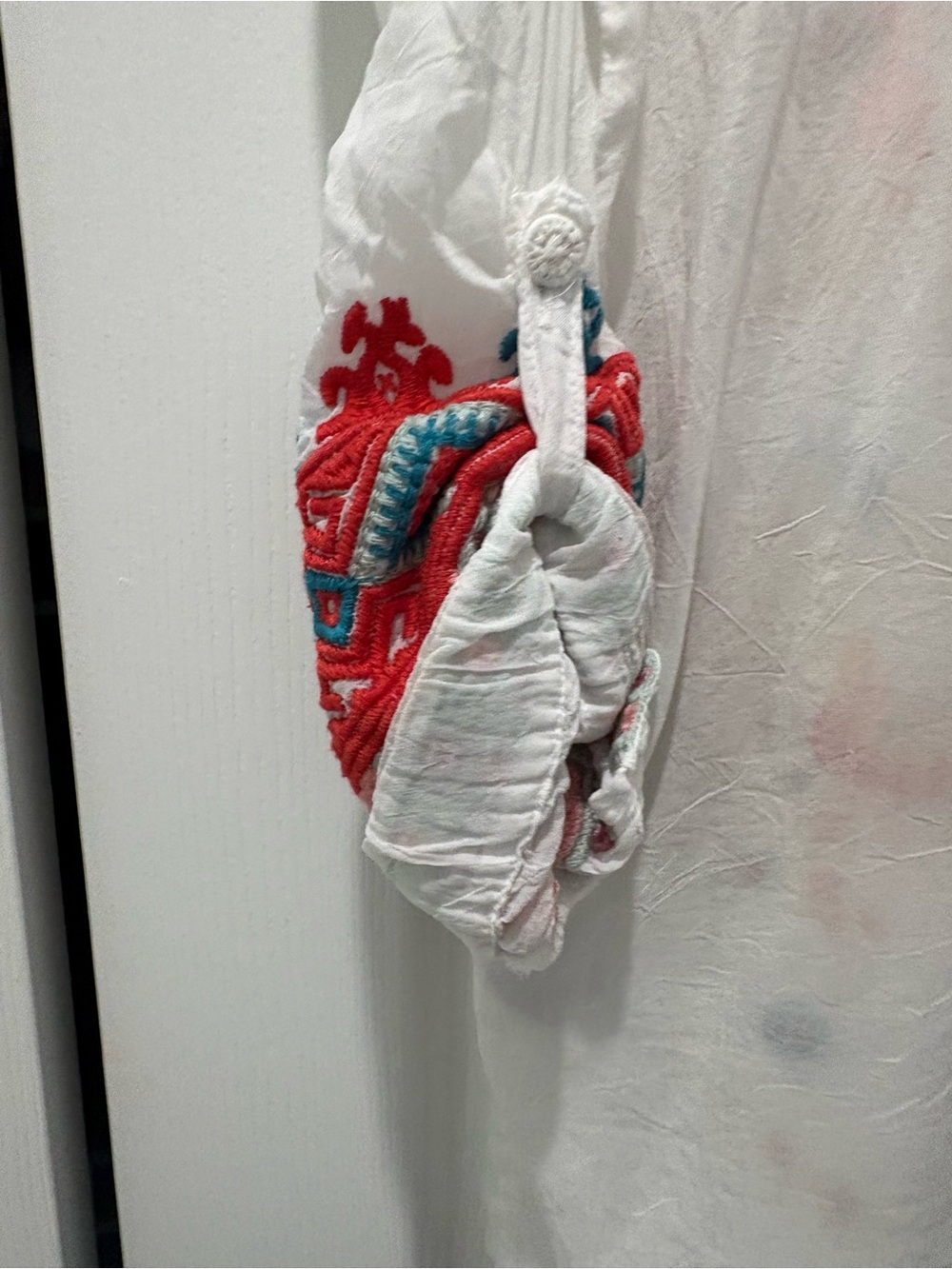 Women’s White blouse Accented with Red, teal, pink, vanilla, orange & grey.